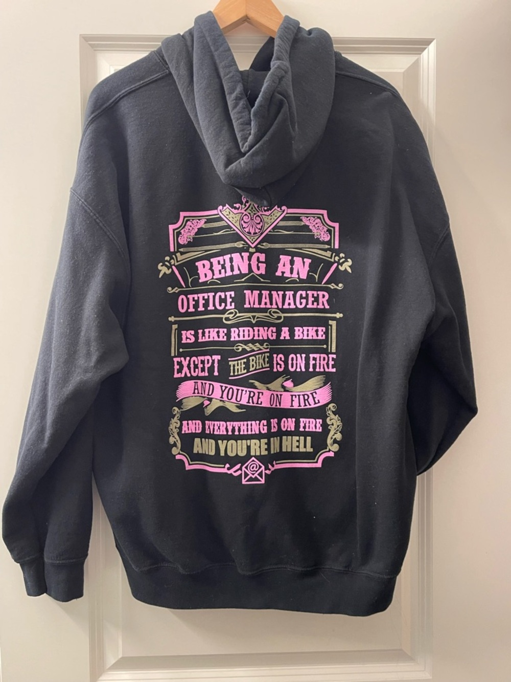 Gildan Office Manager humor Black Hoodie with Pink Text